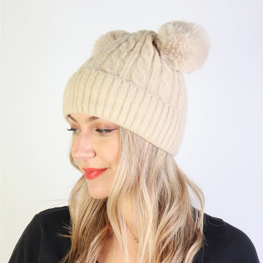 Knitted Toque - Double Pom - Beige