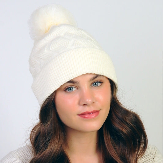 Hat - Pom Pom Monochrome - Cream