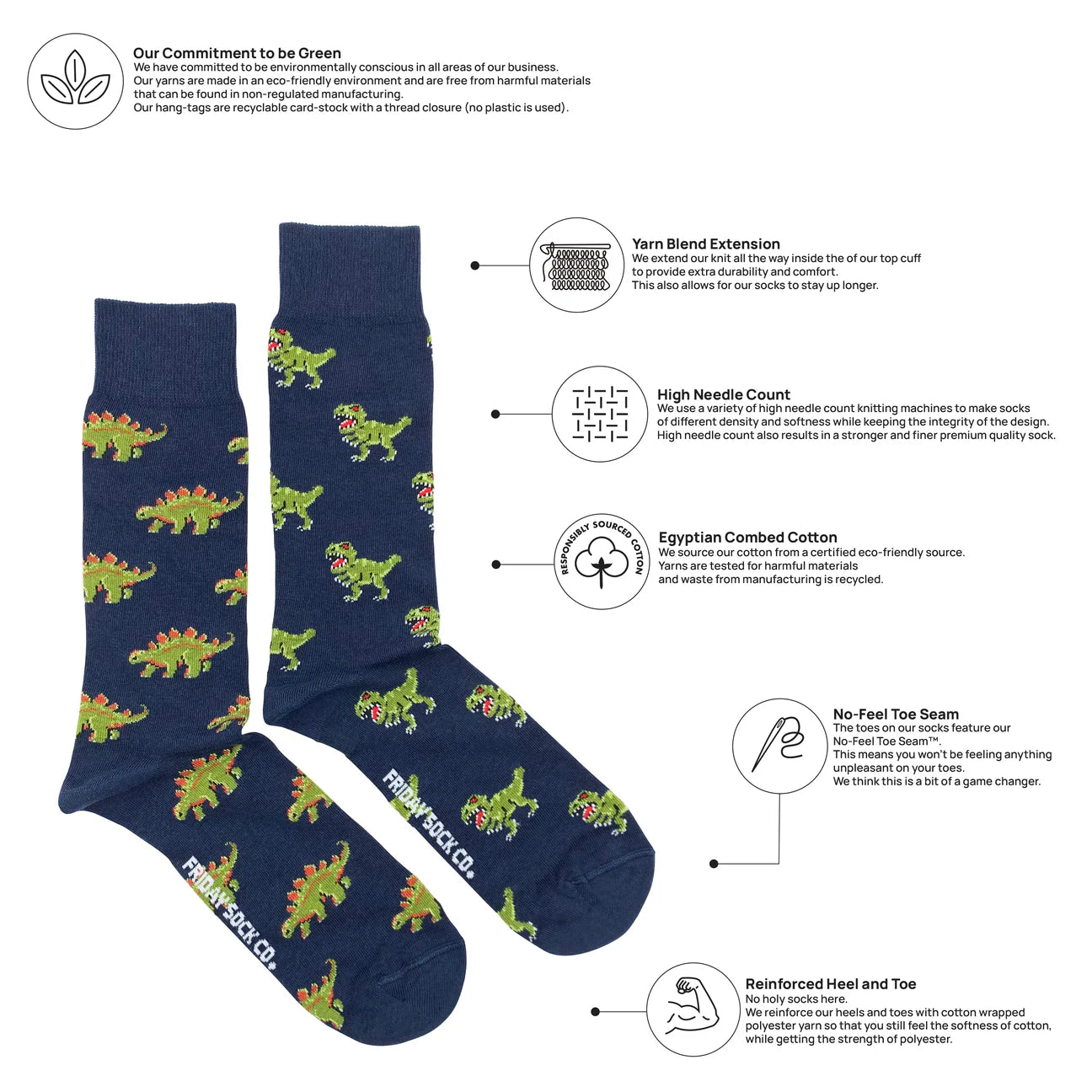 Socks - Large - Green Dinosaur