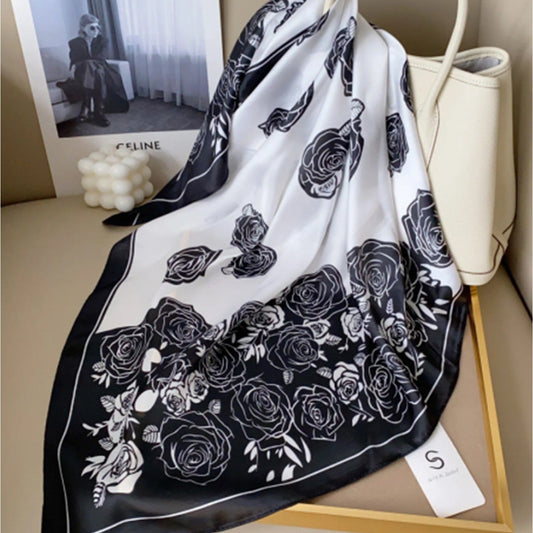 Scarf - Square - Black & White Roses