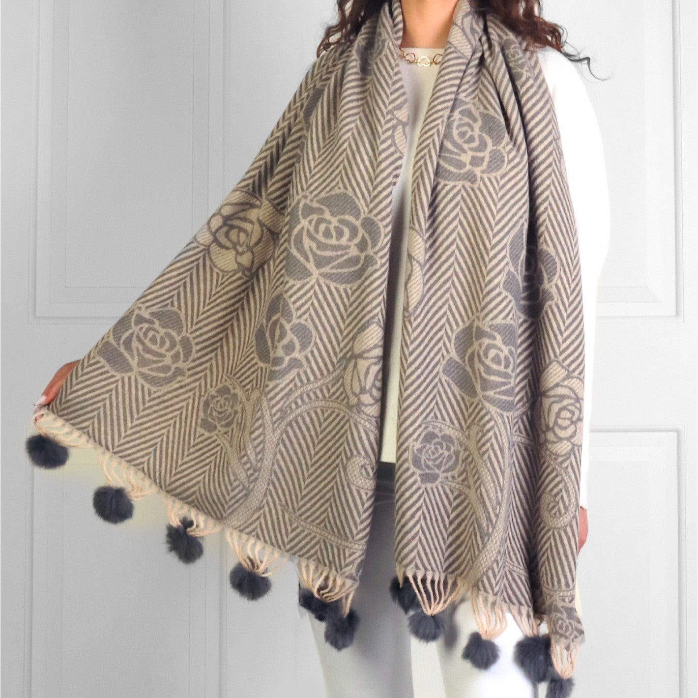 Scarf - Pom Pom - Zig Zag Rose Grey