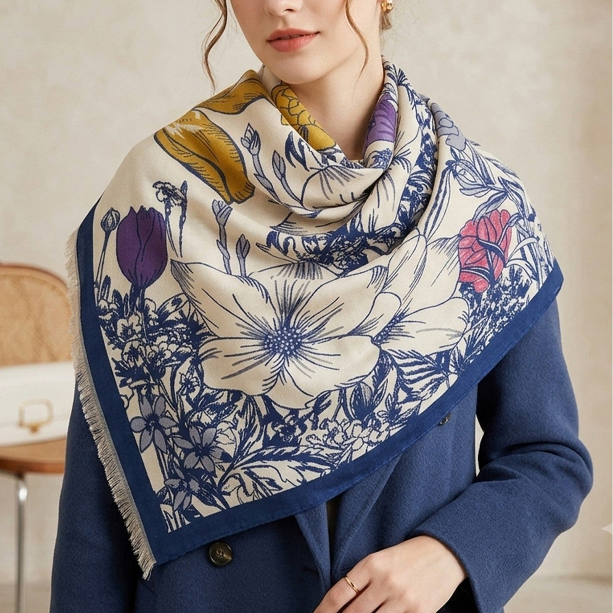 Scarf - Floral - Blue/Cream