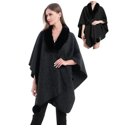 Cape - Faux Fur Cape with Tie - Black