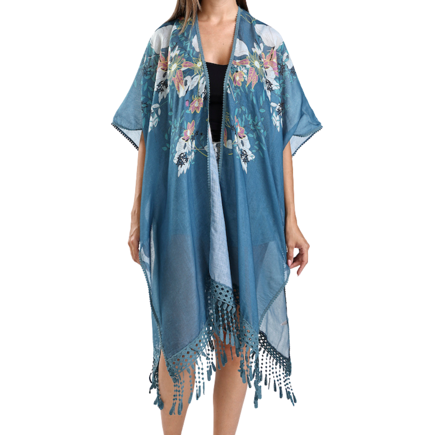 Kimono - Floral Tassels - Teal Blue