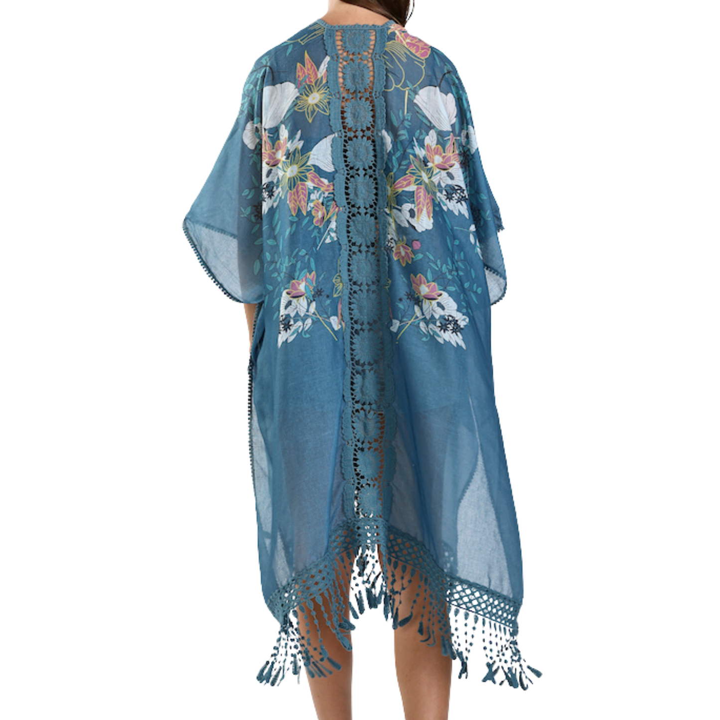 Kimono - Floral Tassels - Teal Blue