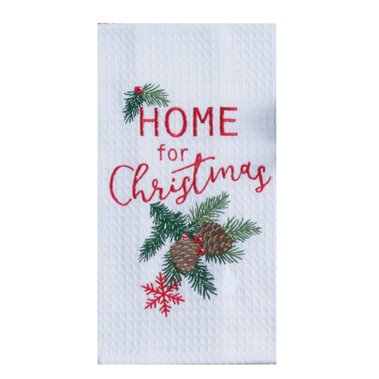 Tea Towel - Embroidered Waffle - Home For Christmas