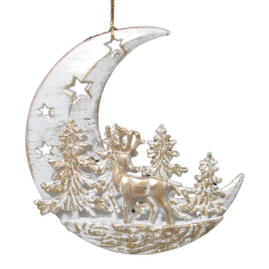 Ornament - Moon with Tree & Deer - White/Gold