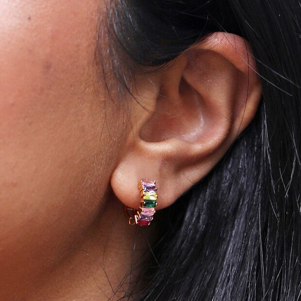 Earrings - Gold Huggies - Colourful Baguette