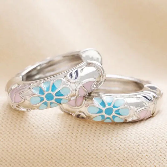 Earrings - Silver Cloisonné Hoops - Blue Flowers