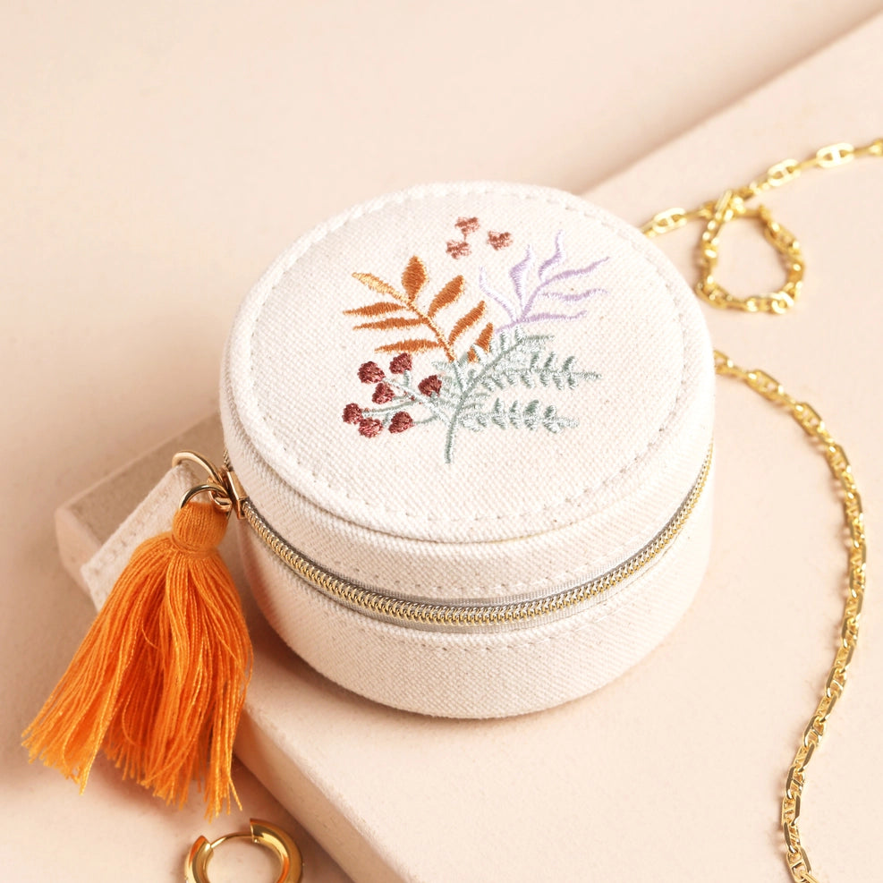 Travel Jewelry Case - Round - Embroidered Cream