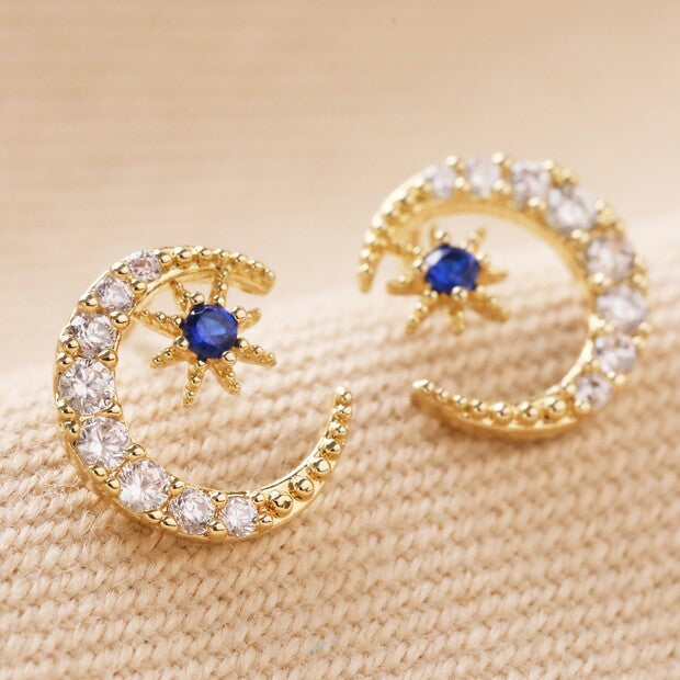 Earrings - Blue Crystal Moon - Gold