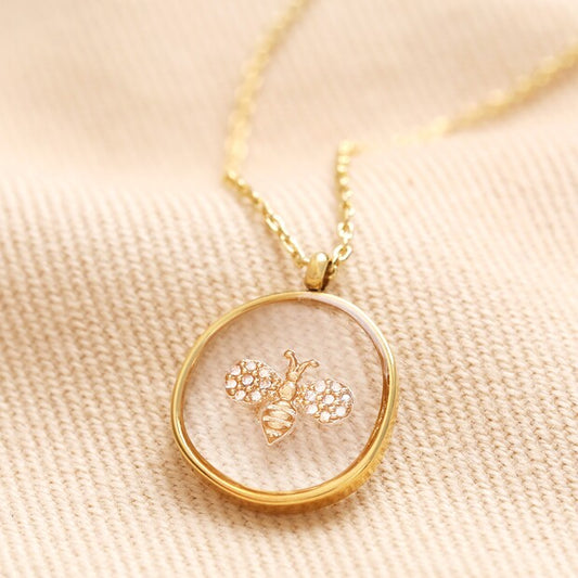 Necklace - Clear Resin Bee - Gold