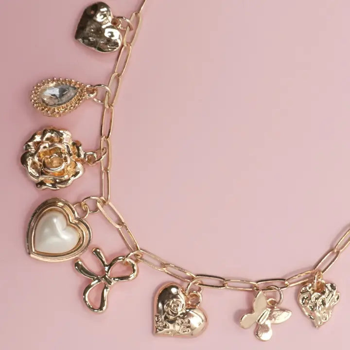 Necklace - Charm - Bow Heart Rhinestone