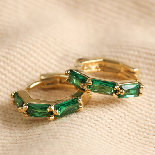 Earrings - Gold Huggies - Green Baguette