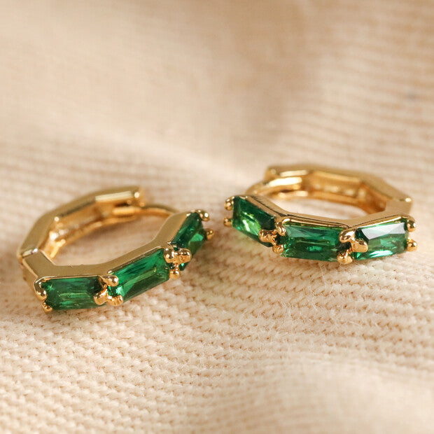 Earrings - Gold Huggies - Green Baguette