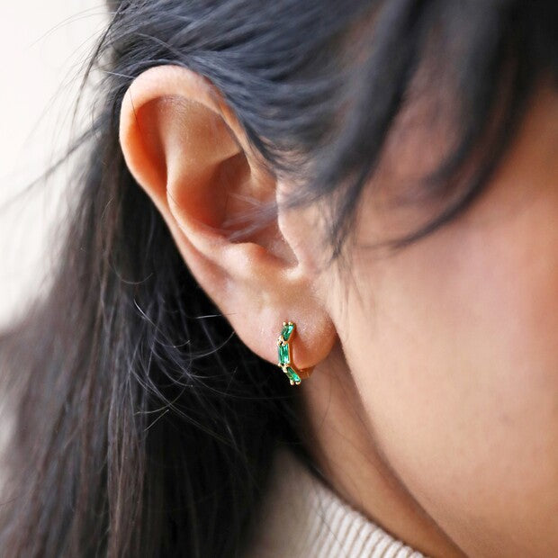 Earrings - Gold Huggies - Green Baguette