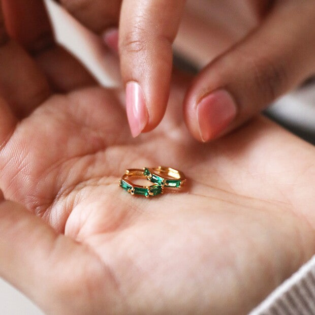 Earrings - Gold Huggies - Green Baguette