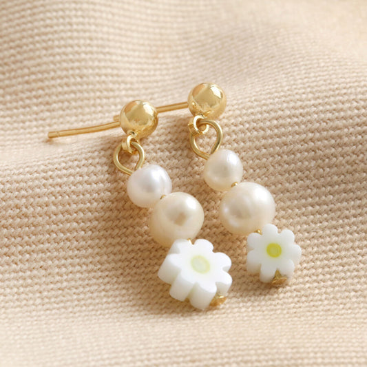 Earrings - Gold Dangle - Daisy Pearls