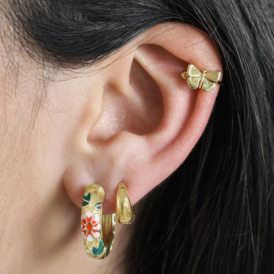 Earrings - Gold Hoops - Pink Flowers