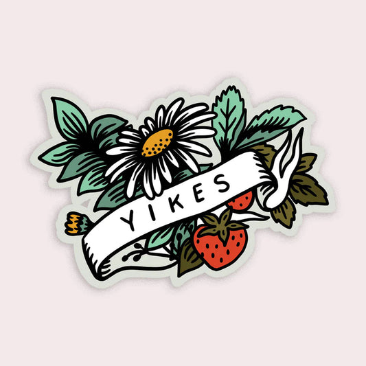 Sticker with floral design and 'yikes' text on a light gray background