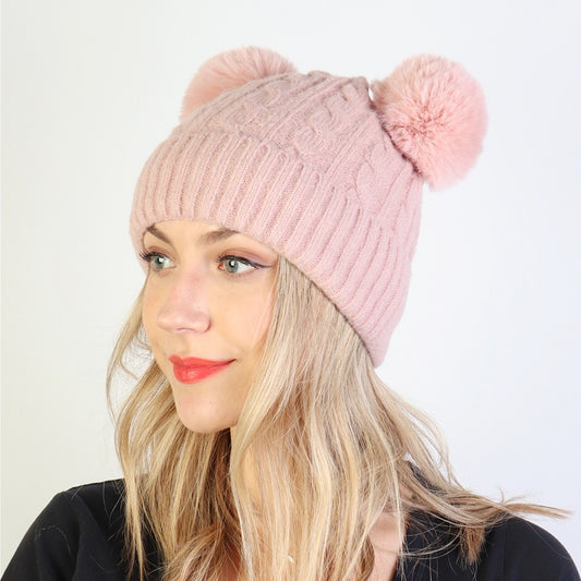 Knitted Toque - Double Pom - Pink