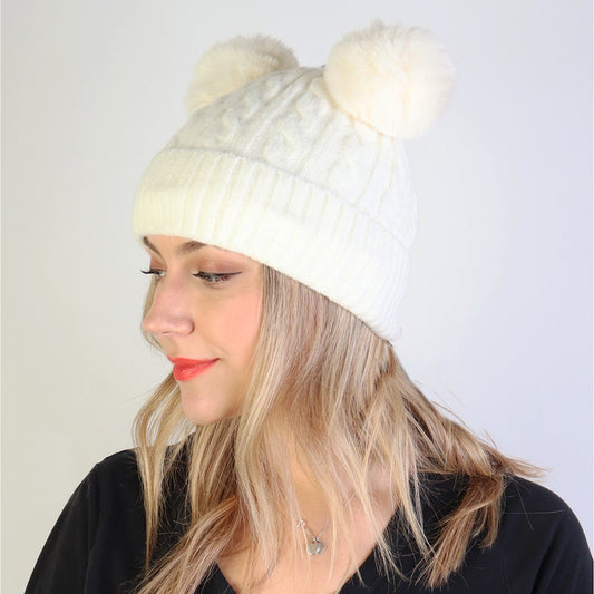 Knitted Toque - Double Pom - White