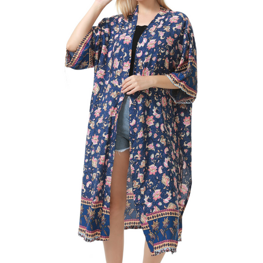 Kimono - Navy Blue with Pink Floral