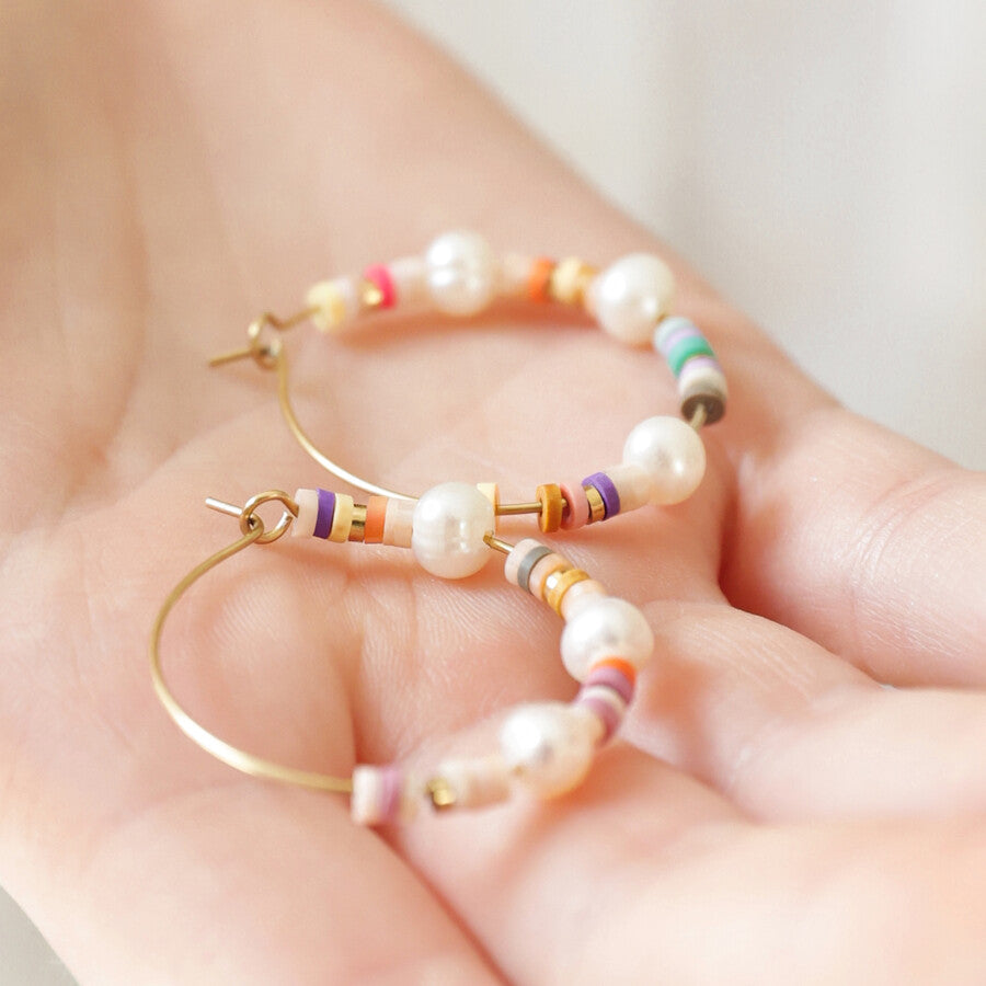 Earrings - Gold Hoops - Bead & Pearl