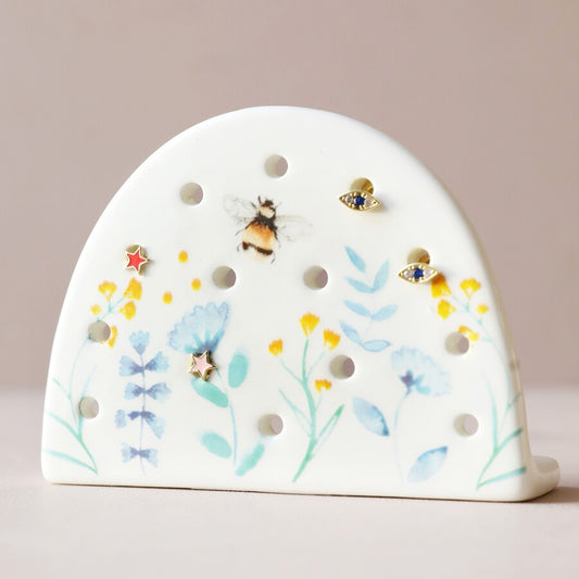 Ceramic Earring Holder - Blue Floral Bee
