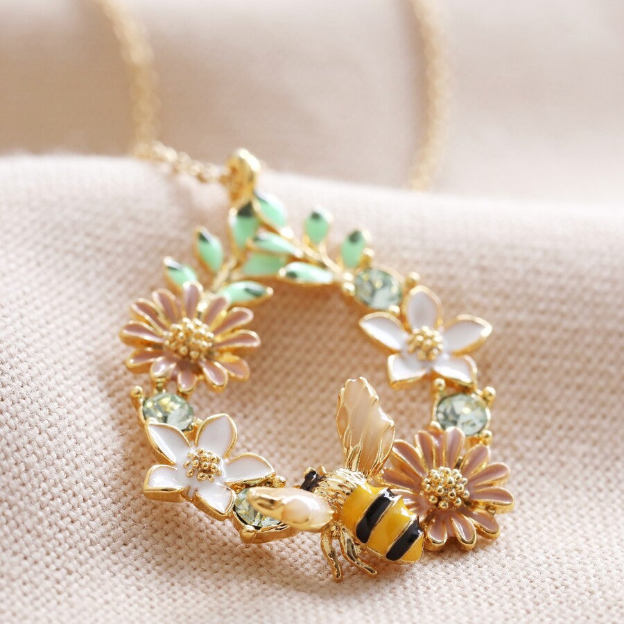 Necklace - Crystal Flowers & Bees - Gold