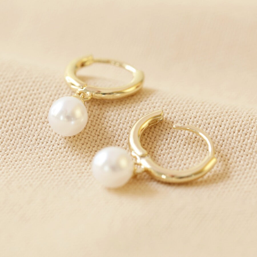 Earrings - Gold Huggies - Glass Pearls