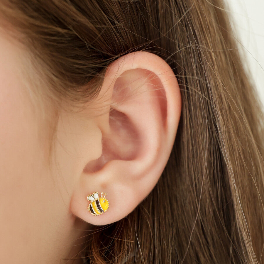 Earrings - Gold Studs - Enamel Bee & Flower