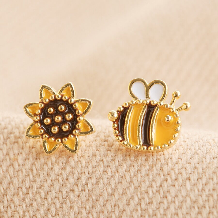 Earrings - Gold Studs - Enamel Bee & Flower